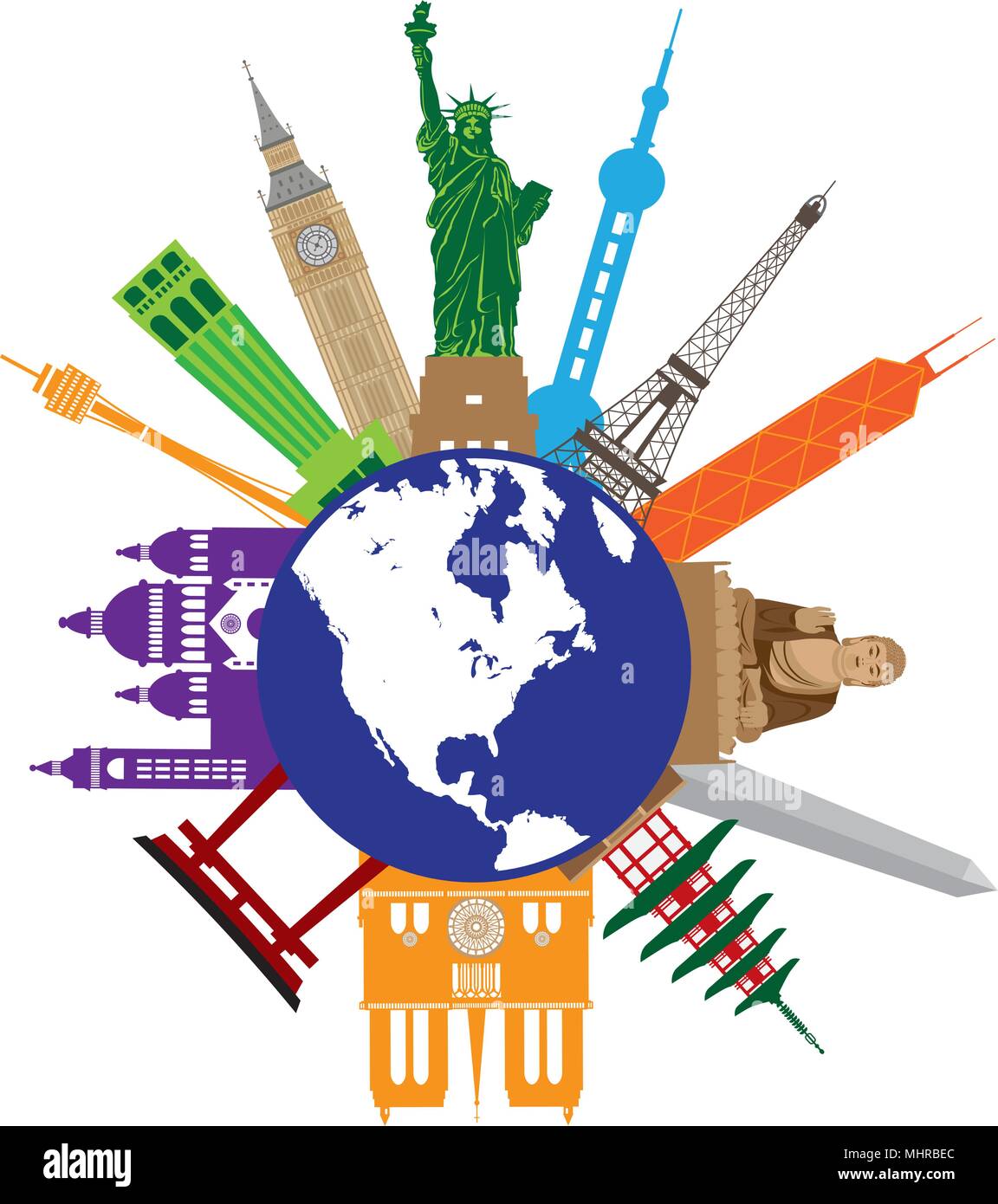 World Globe Voyage Avec Pays D Attraction Touristique Des Lieux De Destination De L Europe Asie Etats Unis Illustration Couleur Image Vectorielle Stock Alamy