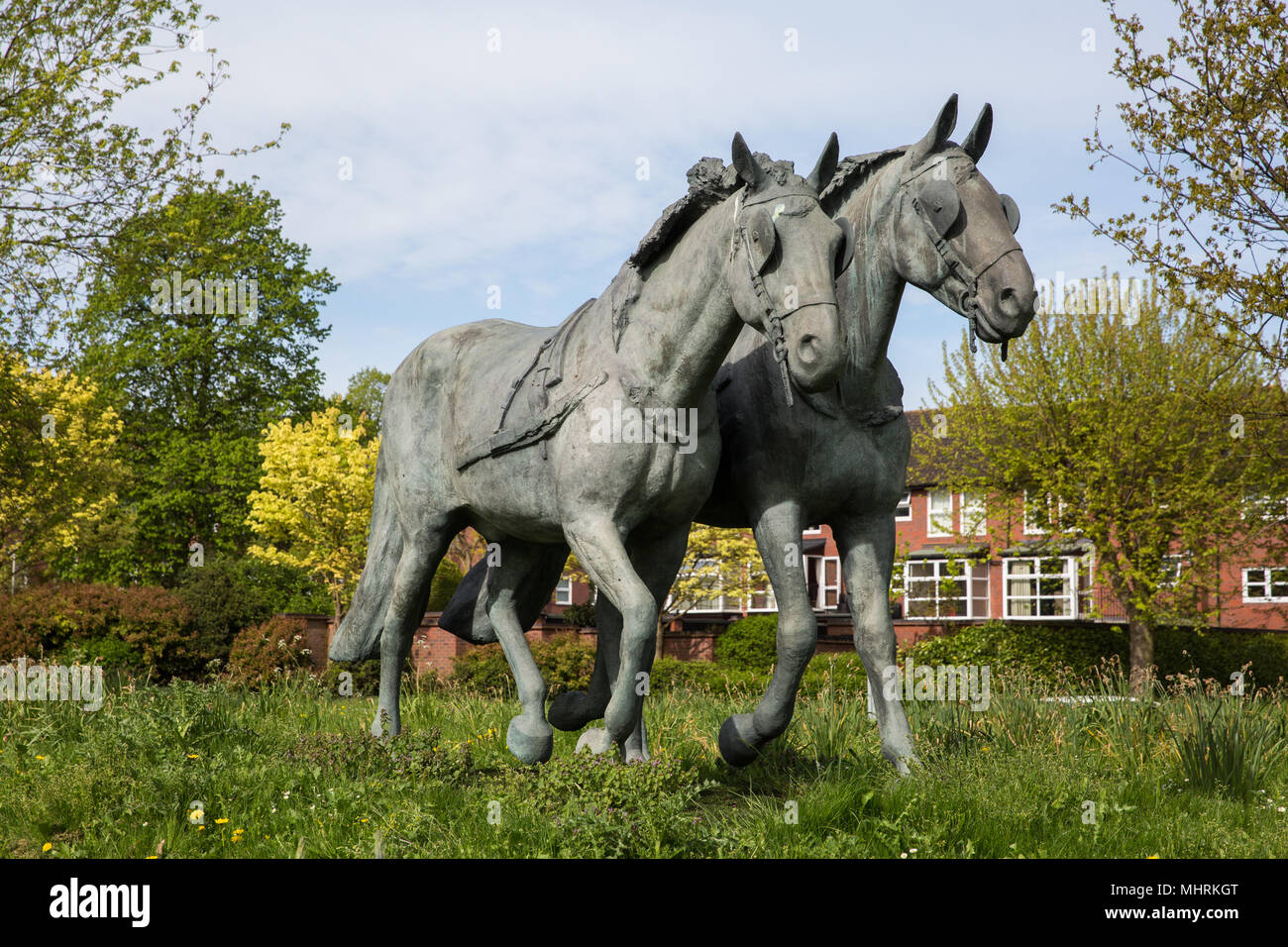 Windsor, Royaume-Uni. 3 mai, 2018. Une statue de Windsor et Daniel gris Storm par le sculpteur Robert Rattray se dresse sur la route de prince Harry et Meghan Markle's wedding procession. Le couple a choisi un landau Ascot pour la procession de chariot tiré par des chevaux gris argent Windsor tout comme ceux de la statue. Credit : Mark Kerrison/Alamy Live News Banque D'Images