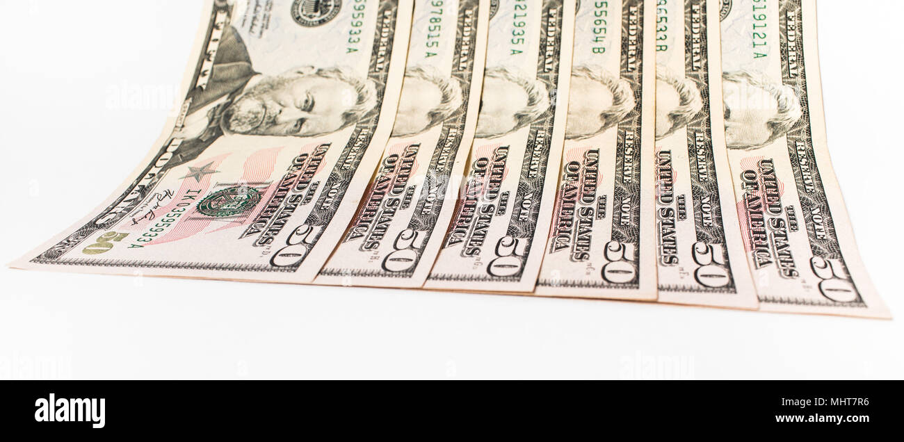 Billet de cinquante dollars isolé sur fond blanc Banque D'Images