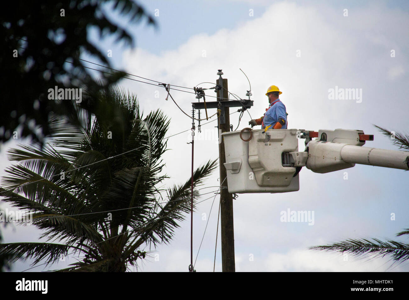 Les équipes de travail dans les lignes électriques réparation d'une montagne à Naranjito. À compter du 26 mars 2018, plus de 94 pour cent des clients de Porto Rico ont le pouvoir restauré. Les six autres pour cent sont situés principalement dans les régions montagneuses. Malgré les difficultés d'accès et de transport, les équipes de travail sur l'île se concentrent leurs efforts dans ces régions éloignées, avec l'objectif d'atteindre 95  % de la restauration de ces régions à la fin de mai. Banque D'Images