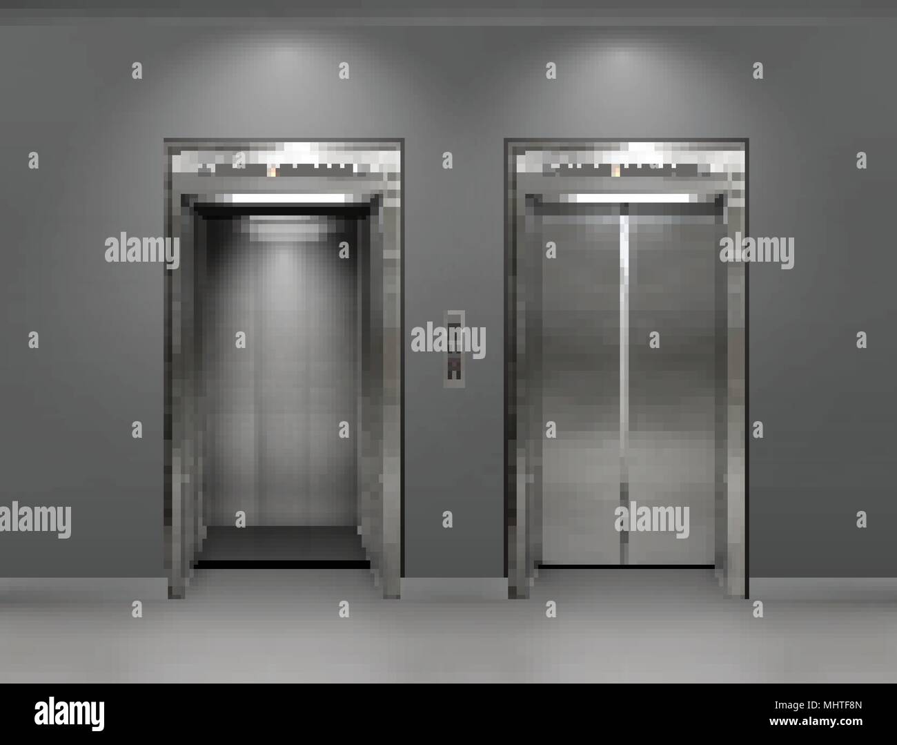 Immeuble de bureau en métal chromé porte de l'ascenseur. La variante ouverte et fermée. Vector illustration réaliste des panneaux de mur gris ascenseur immeuble de bureaux. Illustration de Vecteur