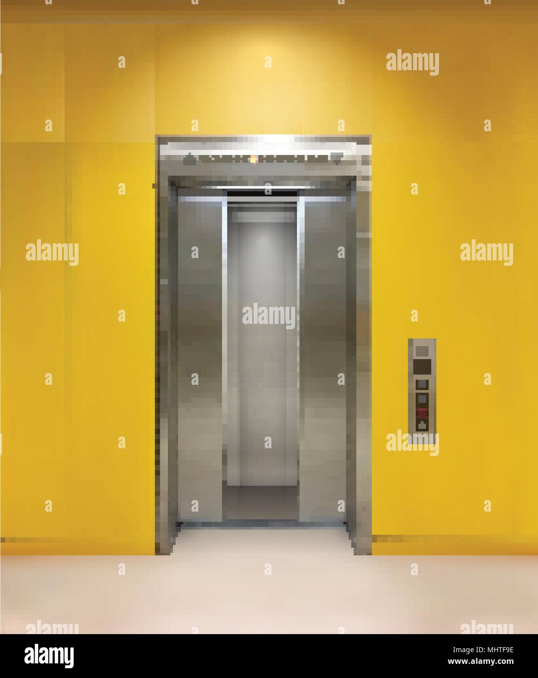 Immeuble de bureau en métal chromé porte de l'ascenseur. La variante ouverte et fermée. Vector illustration réaliste de mur jaune ascenseur immeuble de bureaux. Illustration de Vecteur