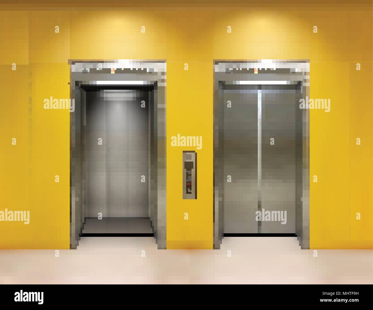 Immeuble de bureau en métal chromé porte de l'ascenseur. La variante ouverte et fermée. Vector illustration réaliste de mur jaune ascenseur immeuble de bureaux. Illustration de Vecteur