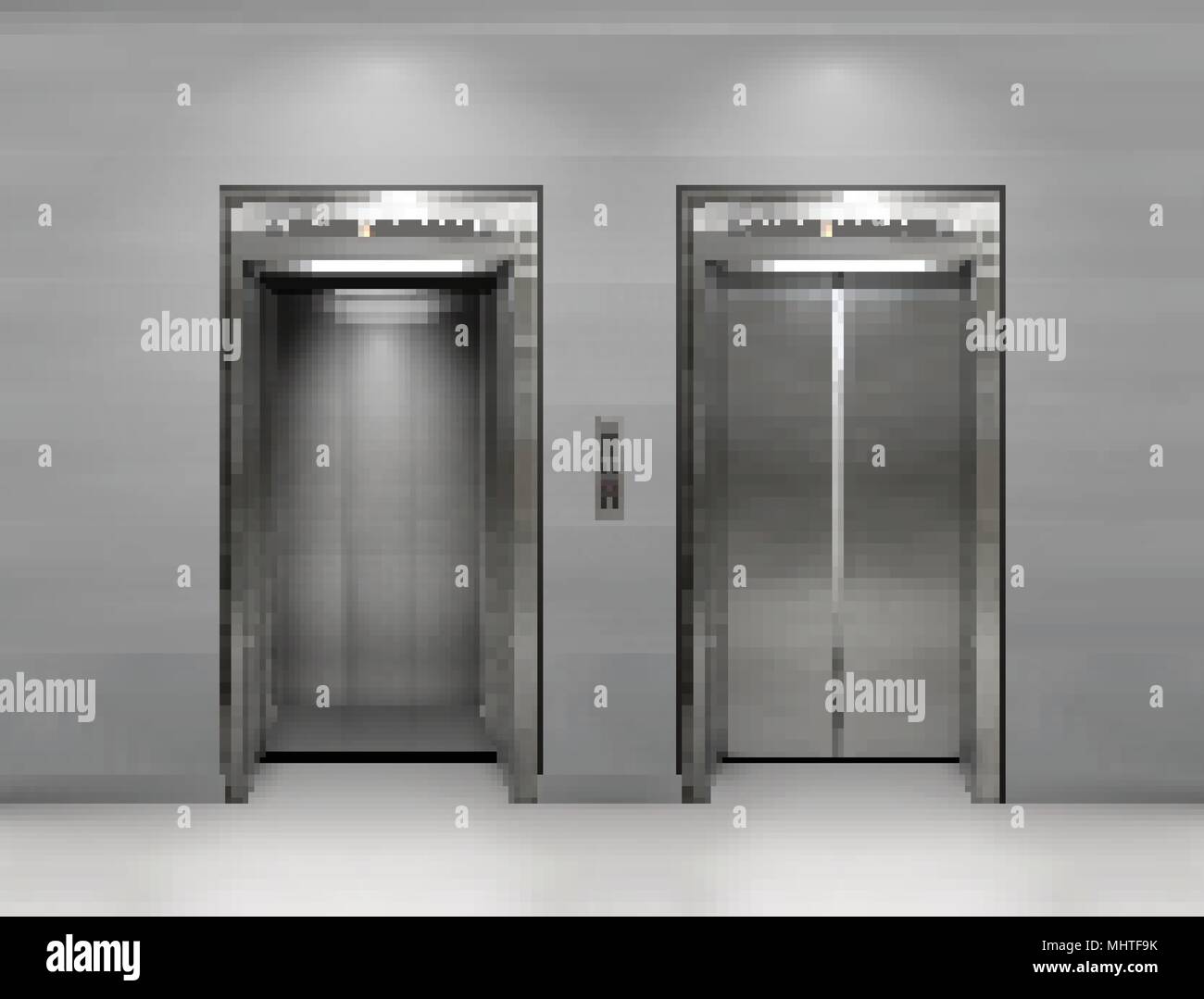 Immeuble de bureau en métal chromé porte de l'ascenseur. La variante ouverte et fermée. Vector illustration réaliste des panneaux de mur gris ascenseur immeuble de bureaux. Illustration de Vecteur