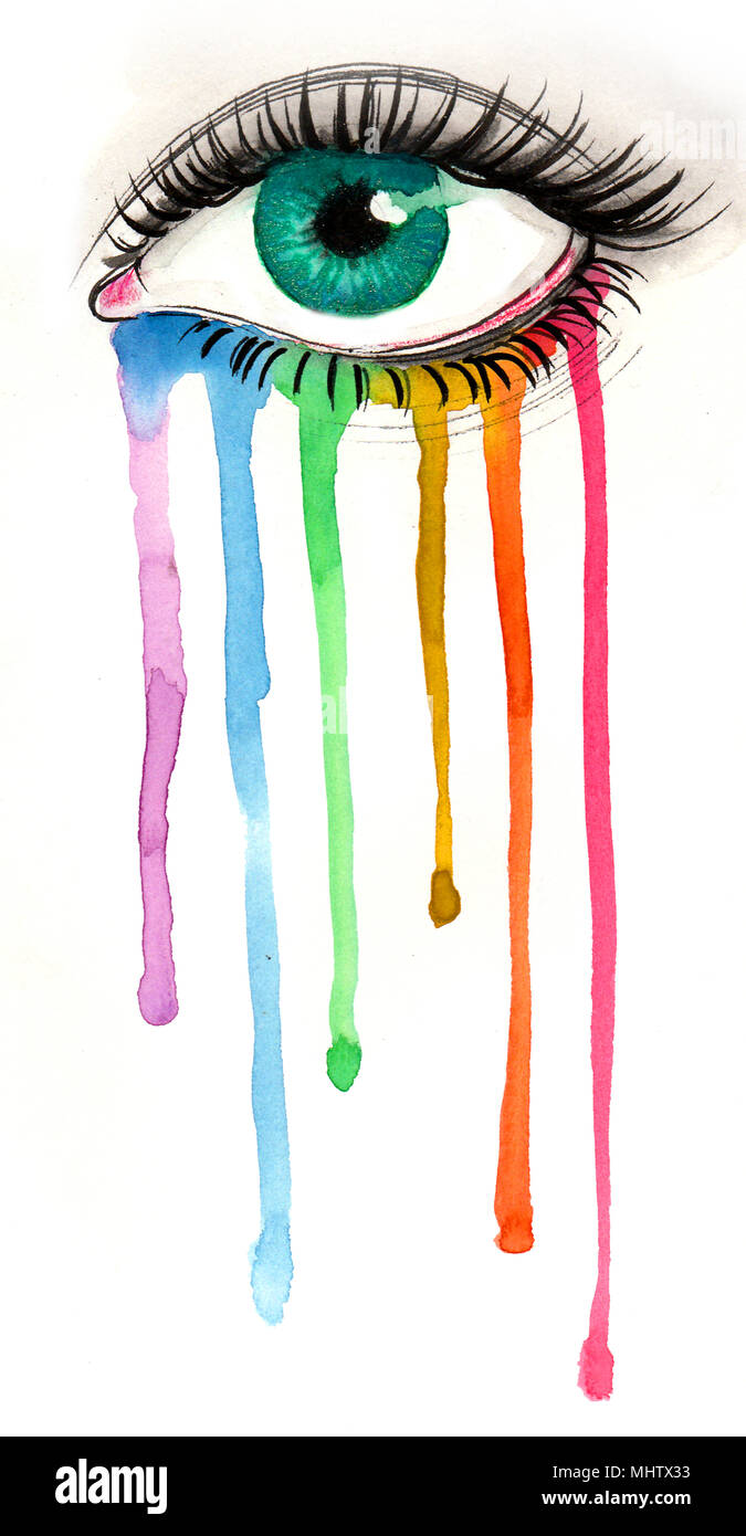 Arc-en-ciel et les yeux de larmes. Encre et aquarelle illustration Banque D'Images