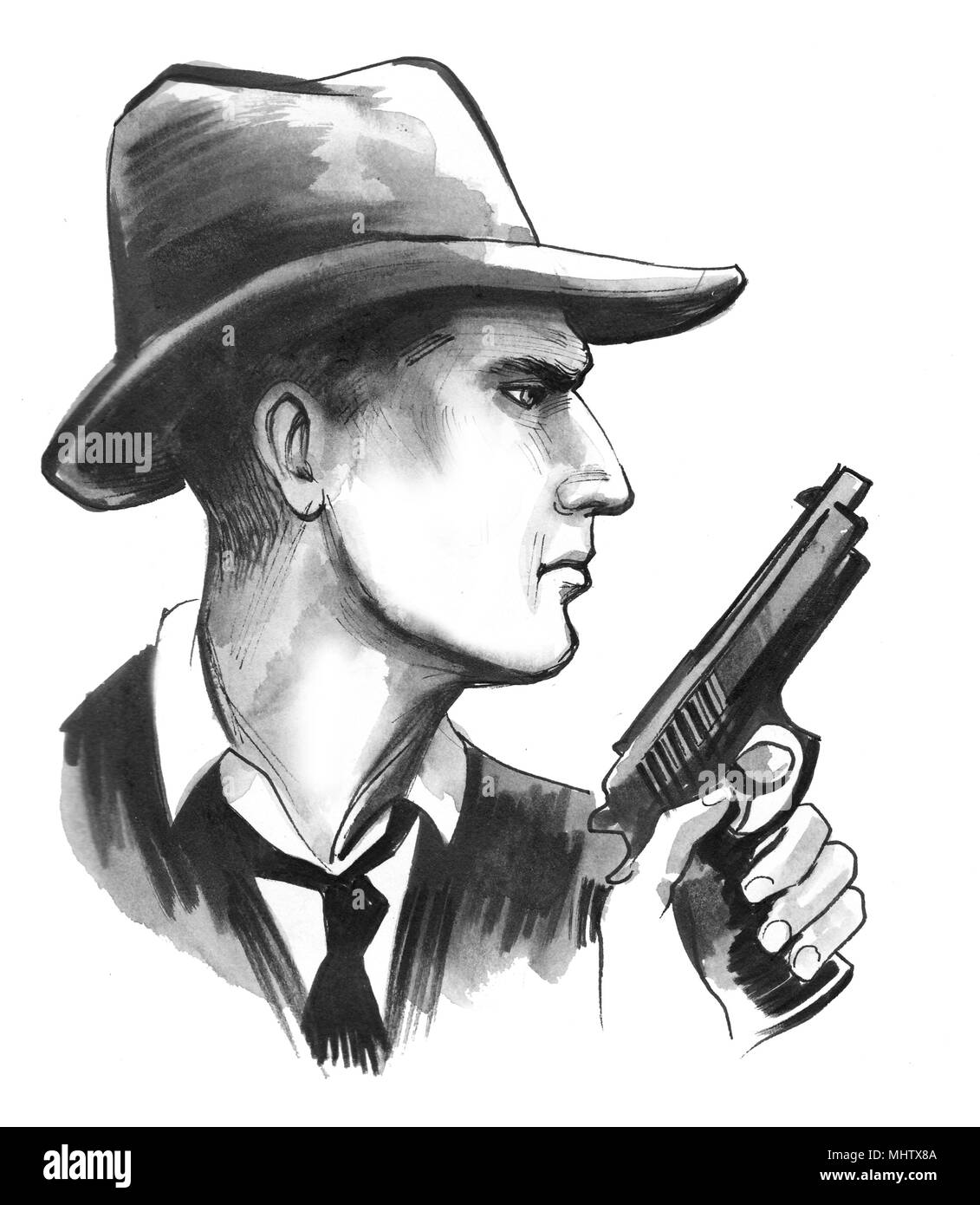 L'homme en costume et chapeau tenant un pistolet. Illustration noir et blanc Encre Banque D'Images