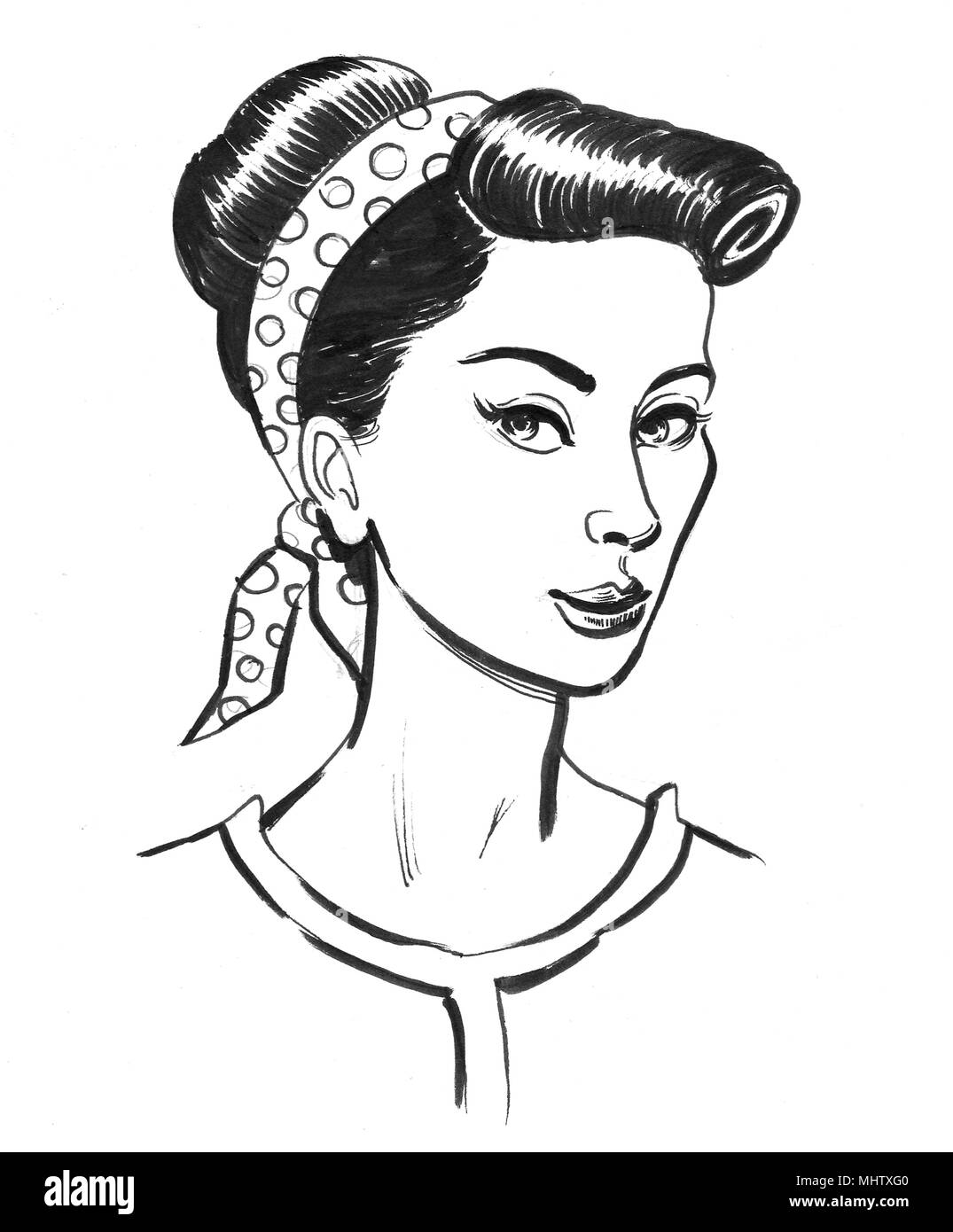 Jolie femme avec un pin-up cheveux style. Mode d'illustration en noir et blanc Banque D'Images