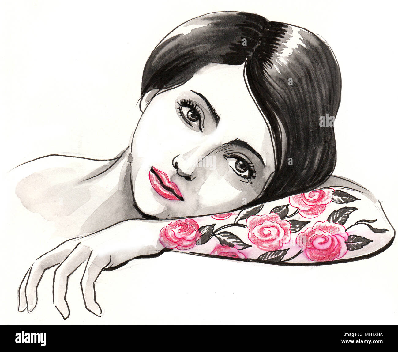 Jolie fille avec une main tatouée Banque D'Images