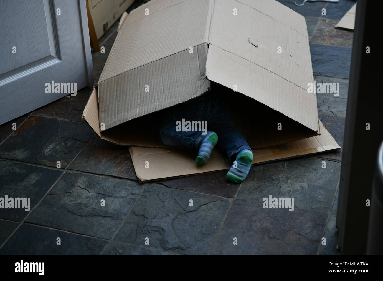 Les enfants de se cacher en boîte carton whilst moving house Banque D'Images