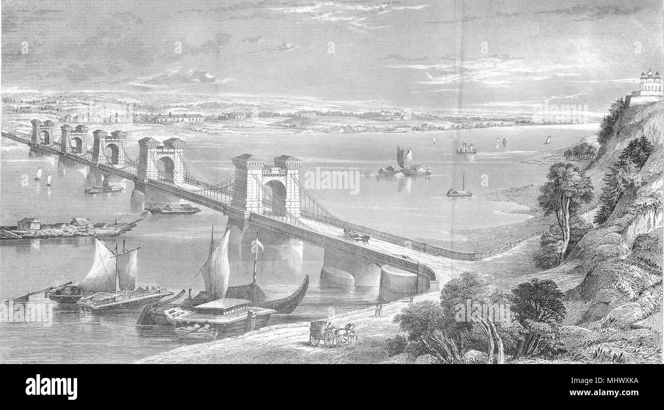 L'UKRAINE.Suspension pont sur le Dniepr à Kiev 1880 vieux ancien Banque D'Images