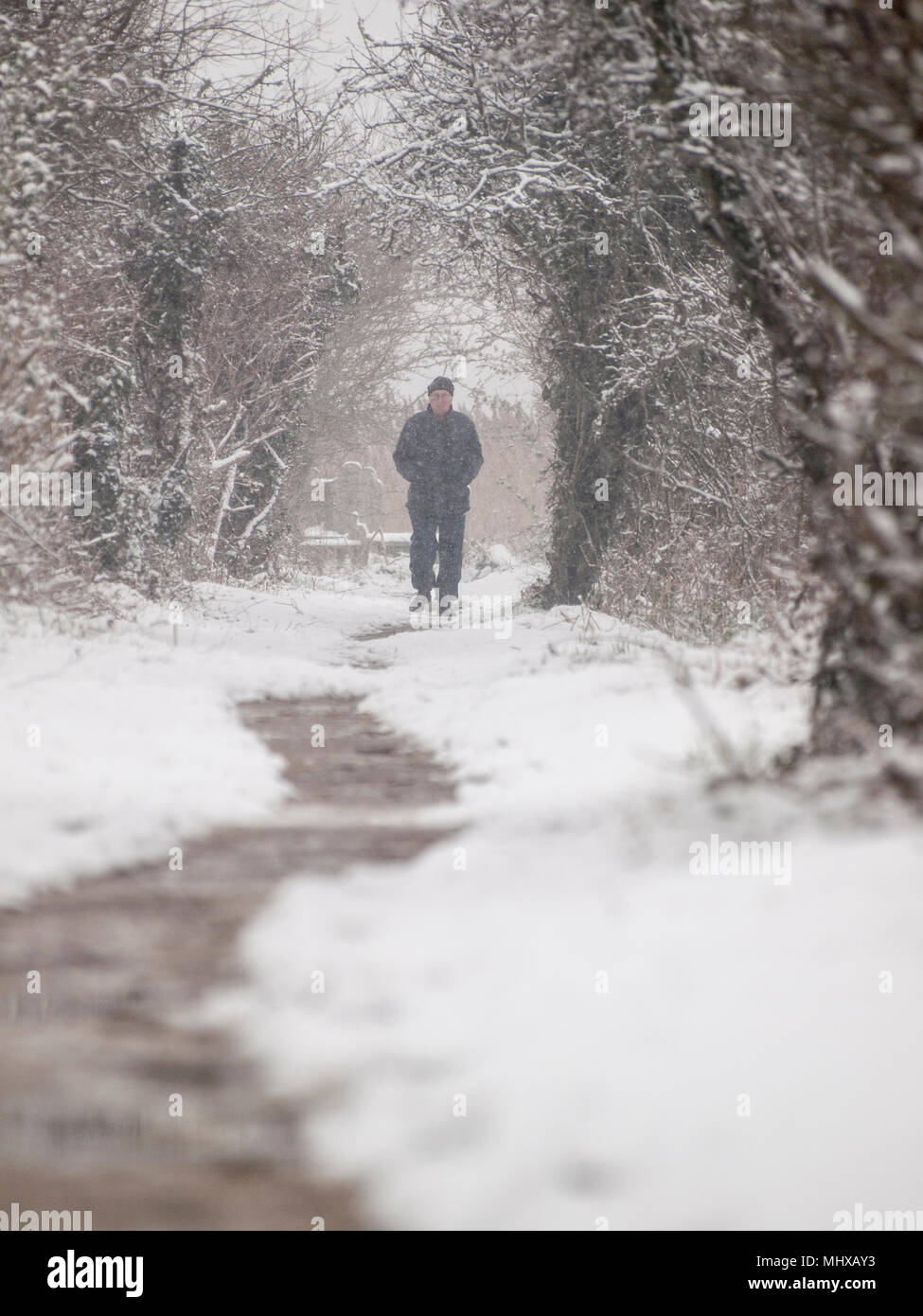 Un homme d'âge moyen de marcher dans la neige. Banque D'Images