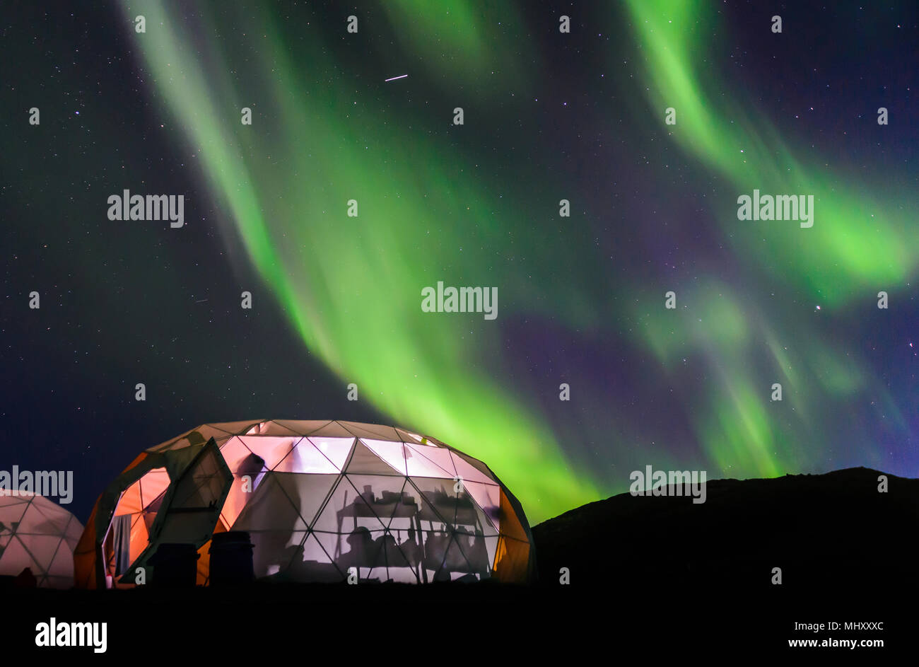 Tente dôme éclairé, Aurora Borealis en arrière-plan, Narsaq, Vestgronland, Groenland Banque D'Images
