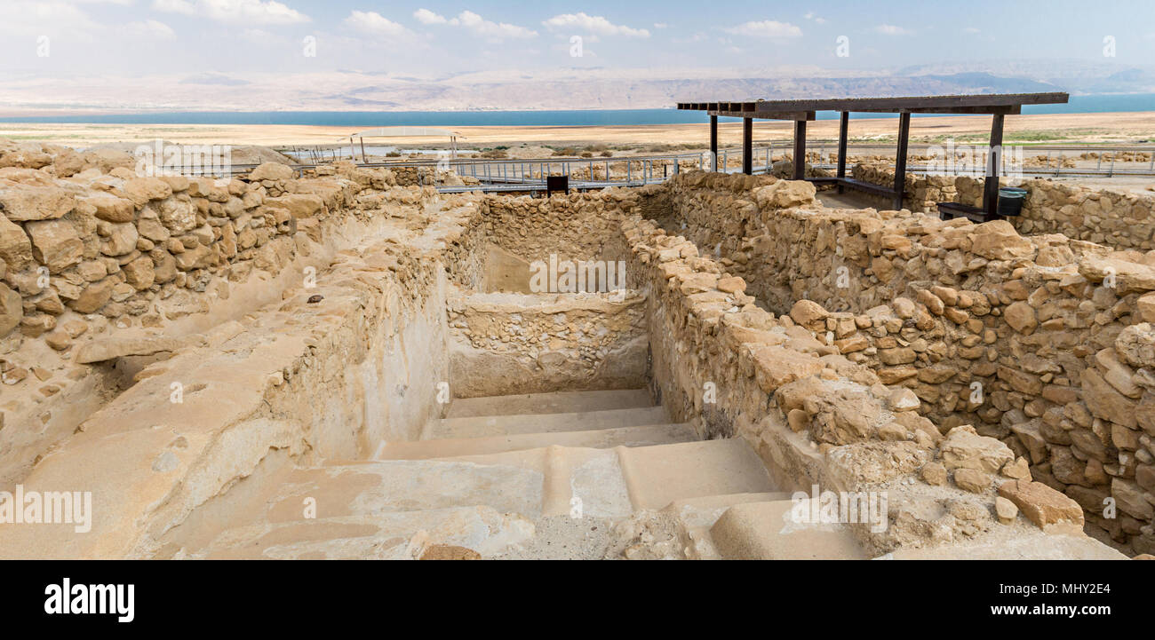 Qumran National Park, où la mer morte ont été trouvés et il y avait un règlement esséniens au désert de Judée près de la Mer Morte, Israël Banque D'Images