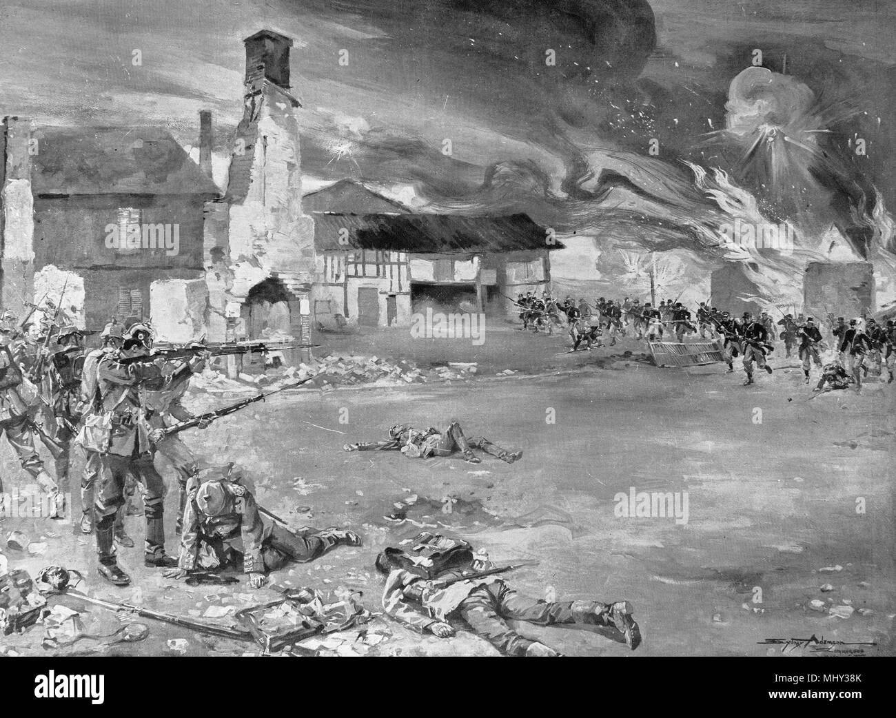 Bataille dans village Champfleury, septembre 1914, Marne, France Banque D'Images