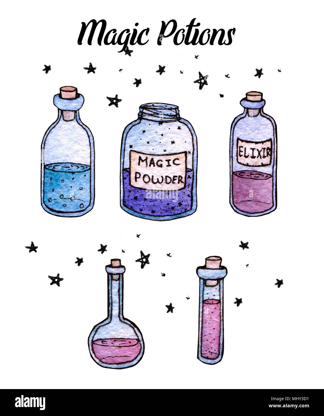 Aquarelle et encre, peinte et potions witchy bouteilles isolé sur le fond blanc. Ensemble d'élixirs. Banque D'Images