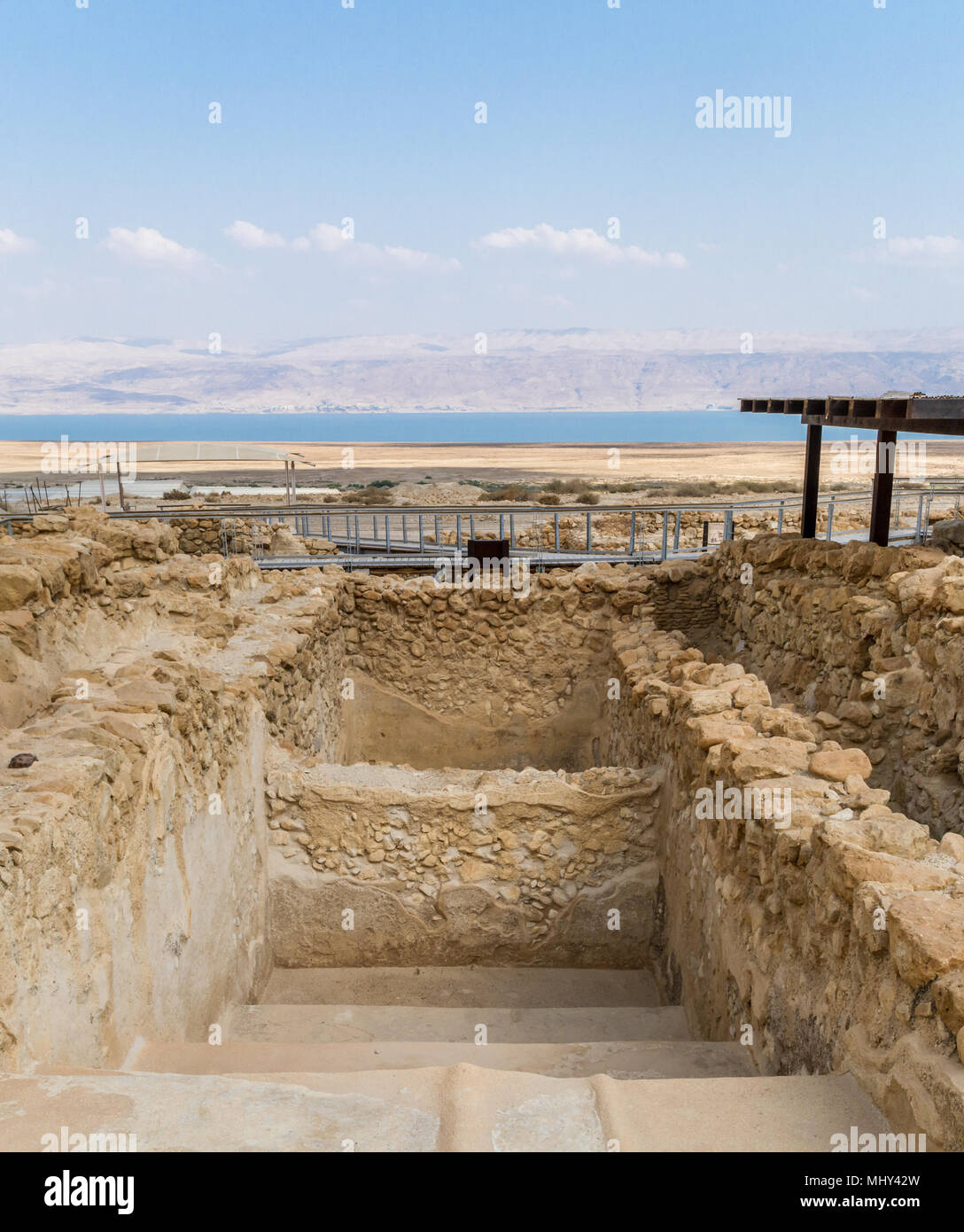 Qumran National Park, où la mer morte ont été trouvés et il y avait un règlement esséniens au désert de Judée près de la Mer Morte, Israël Banque D'Images