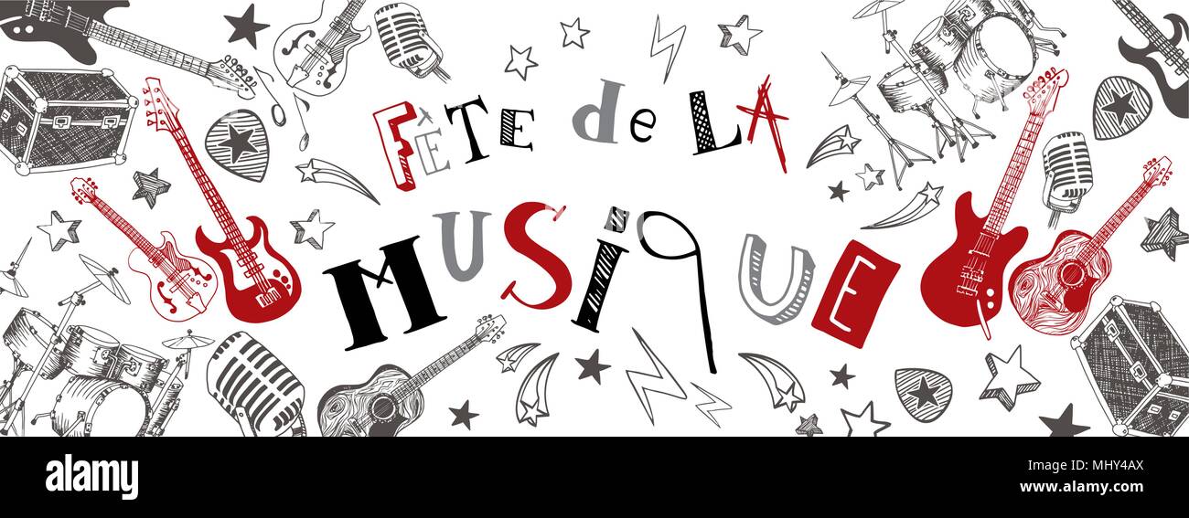 Festival de musique française illustration instruments doodles banner Illustration de Vecteur