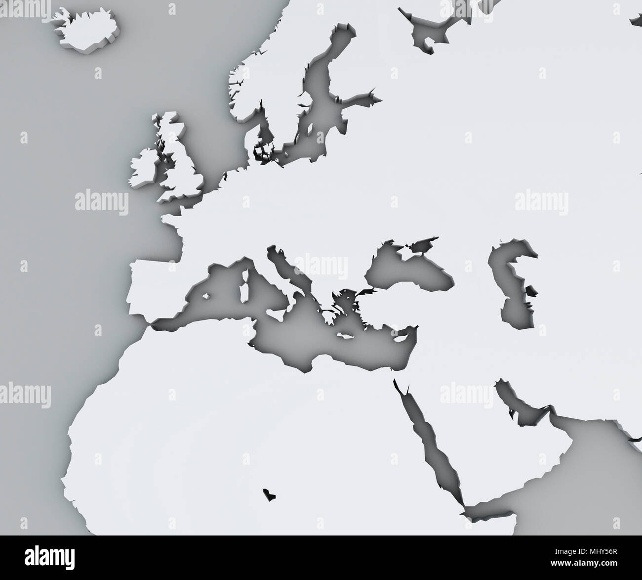 Carte de la mer Méditerranée et l'Europe, d'Afrique et du Moyen-Orient. La cartographie, l'atlaswhite géographique carte géographique, physique Banque D'Images