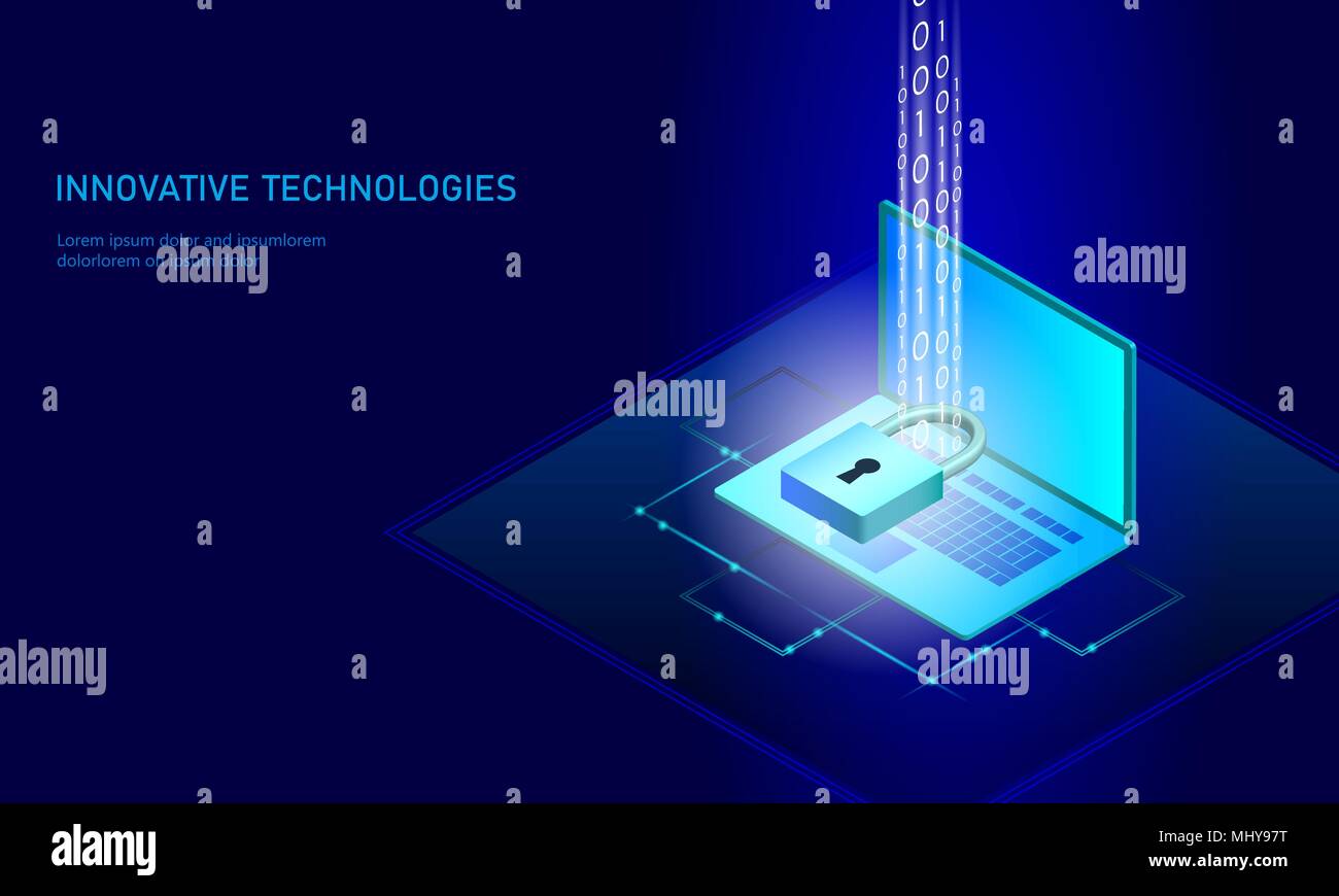 Verrou de sécurité internet isométrique concept d'entreprise. Rougeoyant bleu connexion de données d'information personnelle isométrique smartphone pc technologie de l'avenir. Vector illustration infographie 3D Illustration de Vecteur