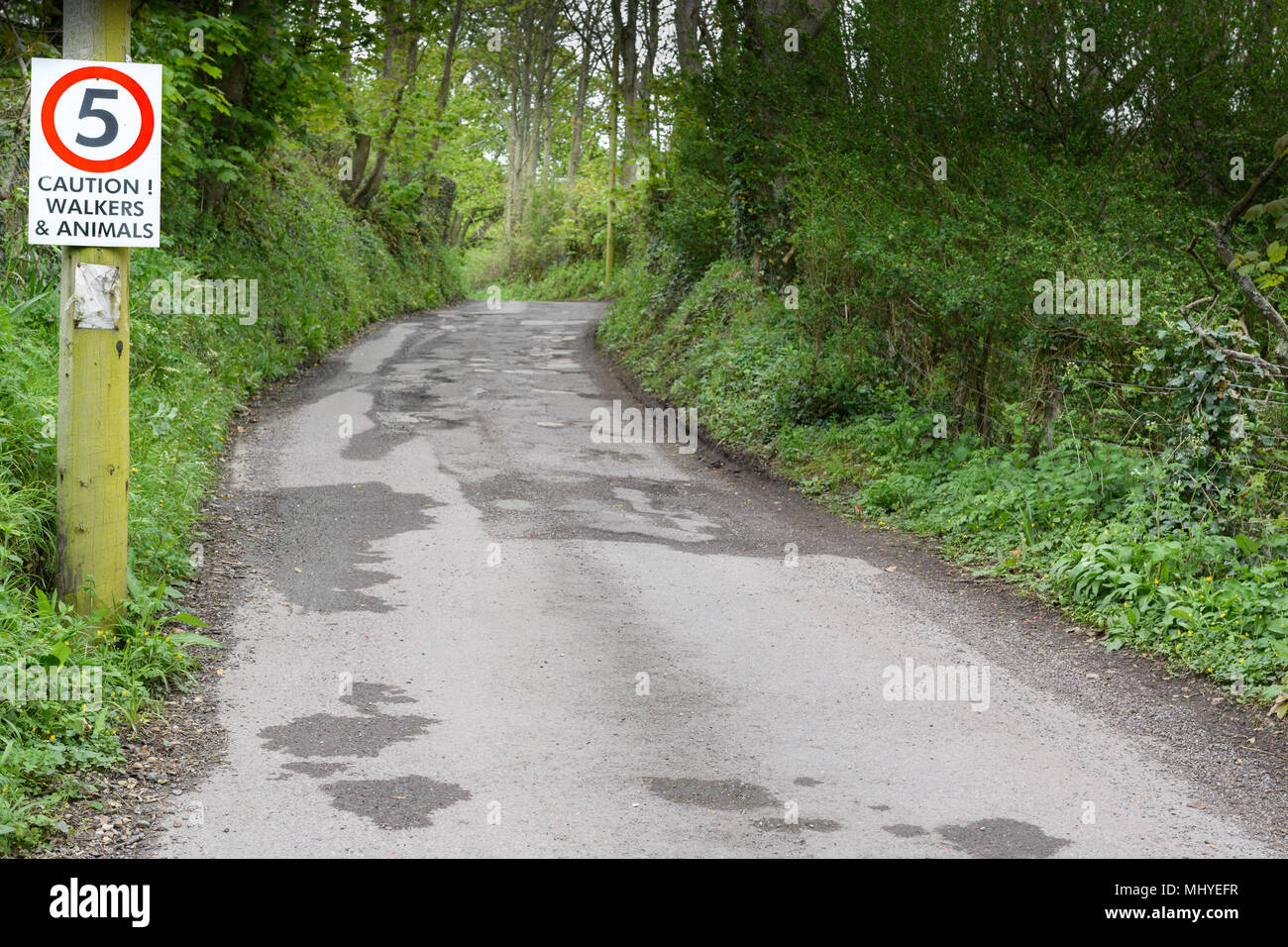 Limite de vitesse de 10 mph sur une étroite route de campagne à la ville balnéaire de Seaton, Devon, Angleterre. Banque D'Images