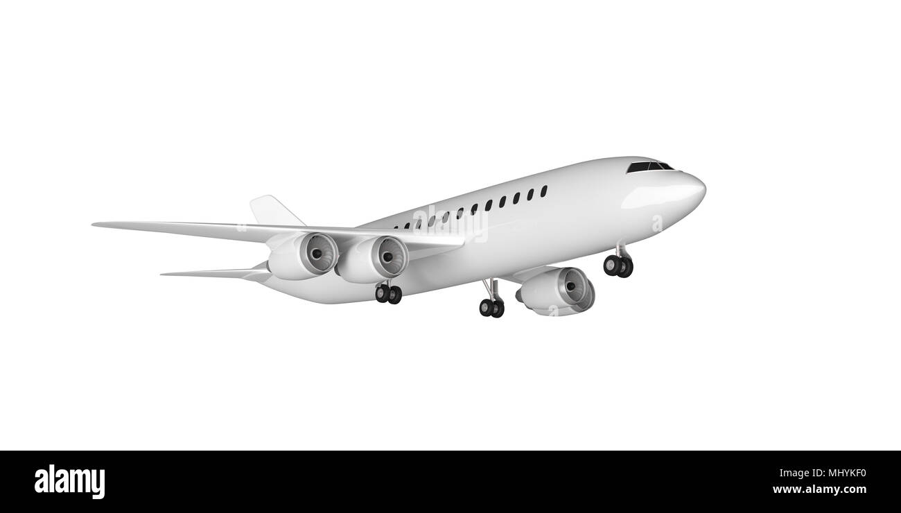 Le décollage d'avions commerciaux en blanc, avec quatre moteurs, découpe isolé sur fond blanc. 3d illustration Banque D'Images