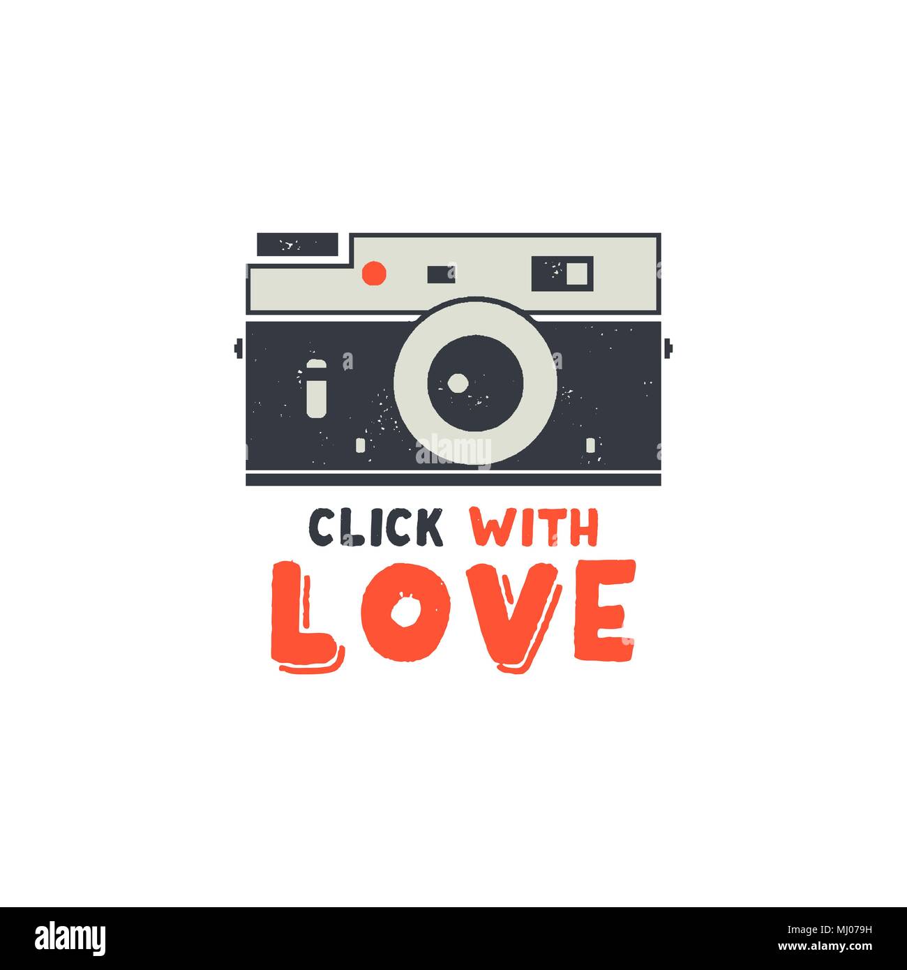 Appareil photo rétro T-Shirt. La photographie à la main vintage tee, cliquez sur avec l'amour des mots. Silhouette en détresse photographe print design. Vecteur Stock isolé sur fond blanc Illustration de Vecteur