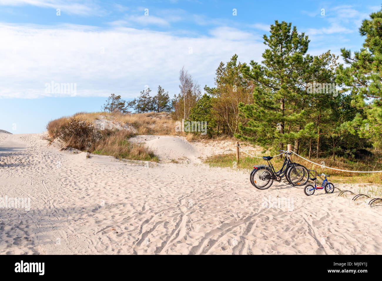 Prêt de vélos stationnés près d'entrée de belle plage de sable. La mer Baltique, la Pologne. Banque D'Images