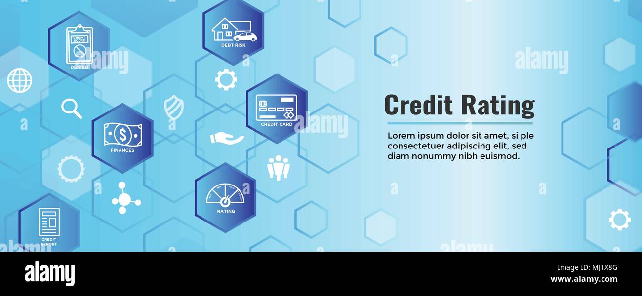 En-tête de la cote de crédit de la dette, la bannière Web w, carte de crédit et votre pointage de crédit Icon Set Illustration de Vecteur