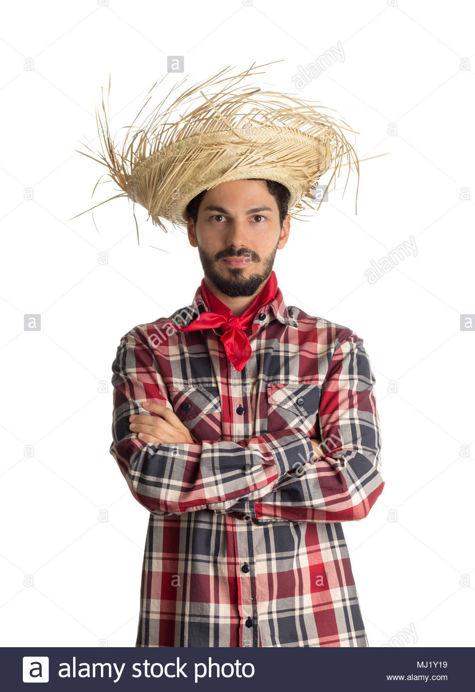 Festa Junina est un parti traditionnel brésilien a célébré en juin. Homme  portant chemise à carreaux (Rouge, noir, blanc) et chapeau de paille, le  costume comme Caipira. Arms Photo Stock - Alamy