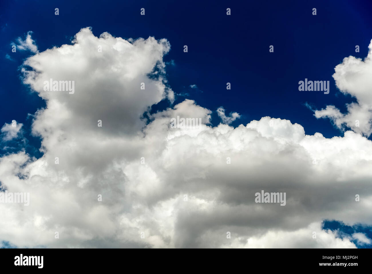 De grands nuages blancs sur un fond de ciel bleu nuageux profonde. Cloudscape, nature, la météorologie. Banque D'Images