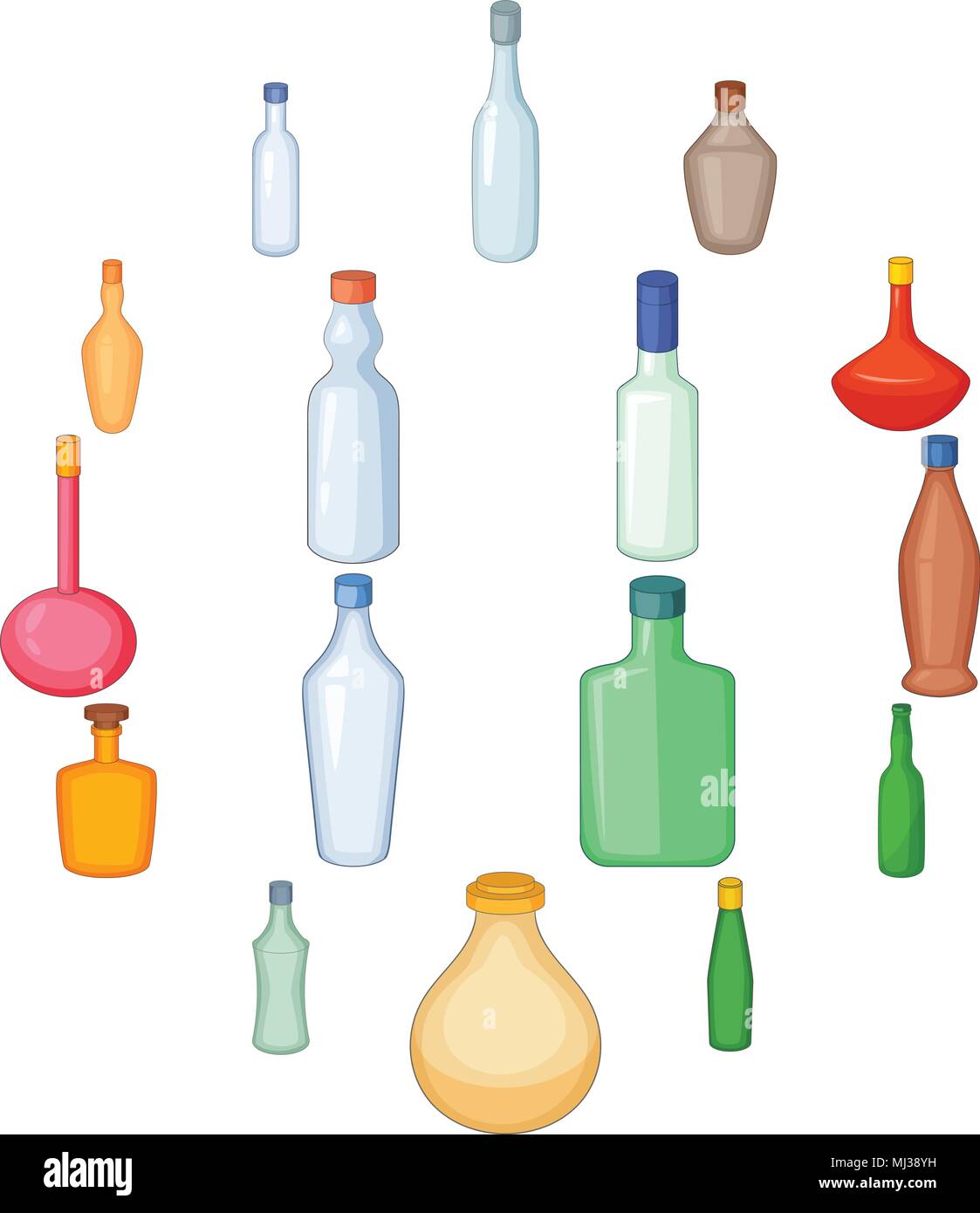 Différentes bouteilles icons set, cartoon style Illustration de Vecteur