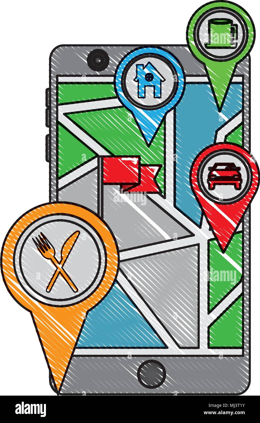 La carte GPS du smartphone l'indicateur d'axe de navigation voiture restaurant chambre dessin illustration vectorielle Illustration de Vecteur