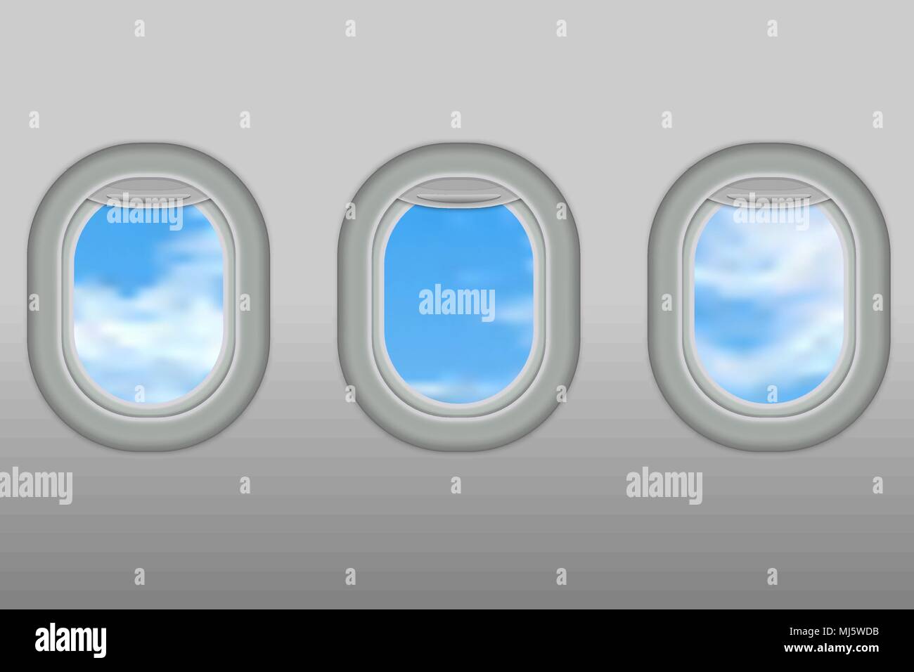 Trois hublots réaliste d'avion a partir de plastique blanc avec des nuances de fenêtre ouverte vector illustration Illustration de Vecteur