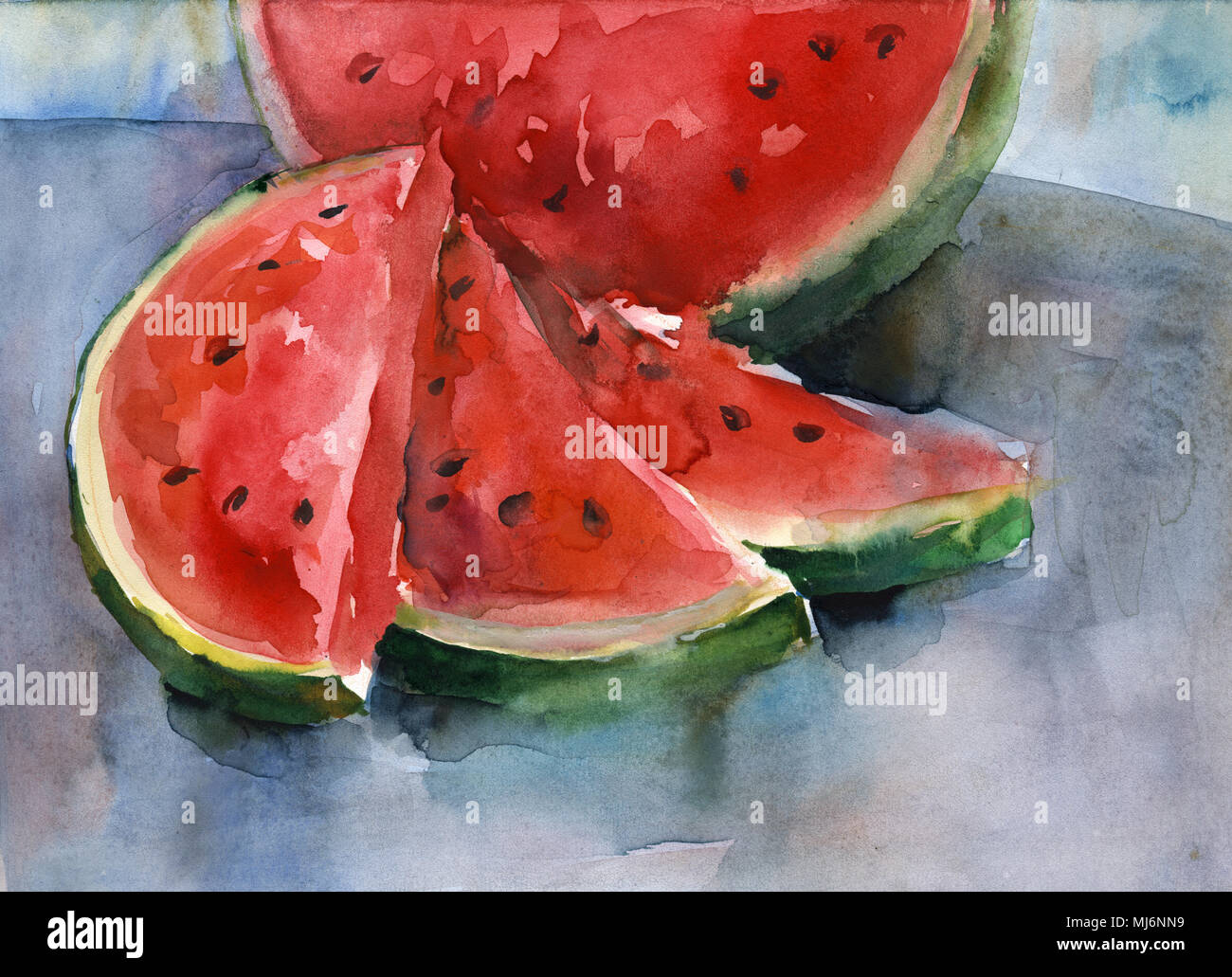 Aquarelle. Encore la vie. Pastèque en tranches. Banque D'Images