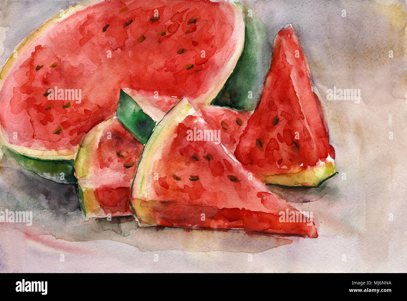 Aquarelle. Encore la vie. Pastèque en tranches. Banque D'Images