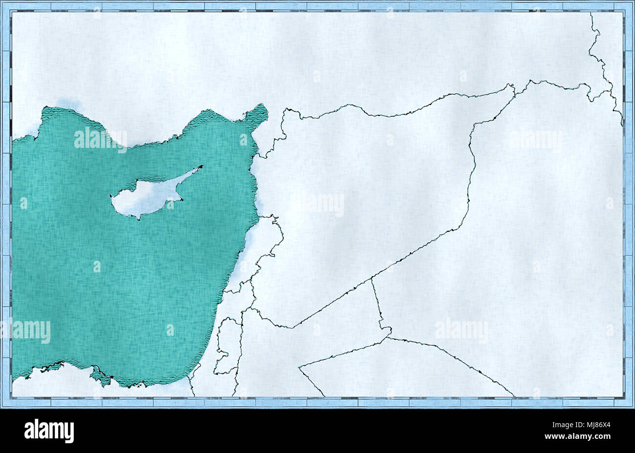La carte de la Syrie et des frontières, carte physique Moyen Orient, Péninsule Arabique, la carte avec des reliefs et des montagnes et mer Méditerranée sur parchemin. Hand drawn Banque D'Images