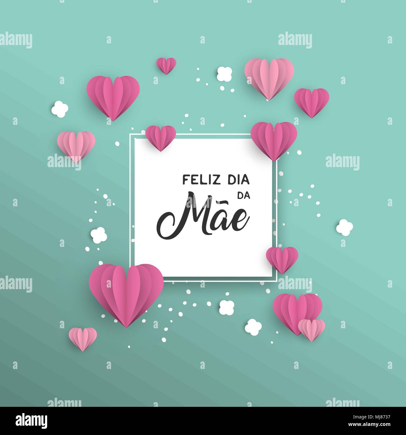 Heureux l'amour pour la fête des Mères modèle de carte de vœux en langue portugaise avec du papier rose couper les cœurs et une décoration florale. Vecteur EPS10. Illustration de Vecteur