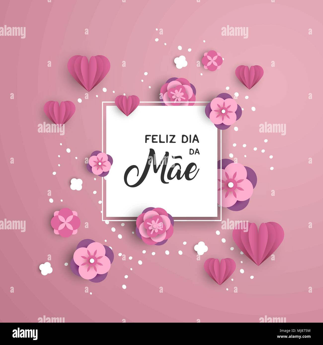 Heureuse fête des Mères modèle de carte de vœux en langue portugaise avec du papier rose couper les cœurs et une décoration florale. Vecteur EPS10. Illustration de Vecteur