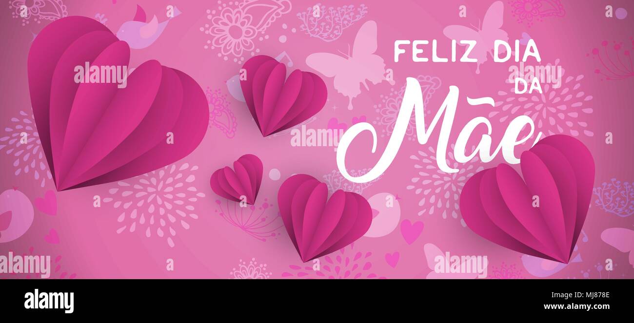 Happy mothers day illustration bannière web en langue portugaise avec du papier en forme de coeur d'art et décoration printemps fond doodle. Vecteur EPS10. Illustration de Vecteur