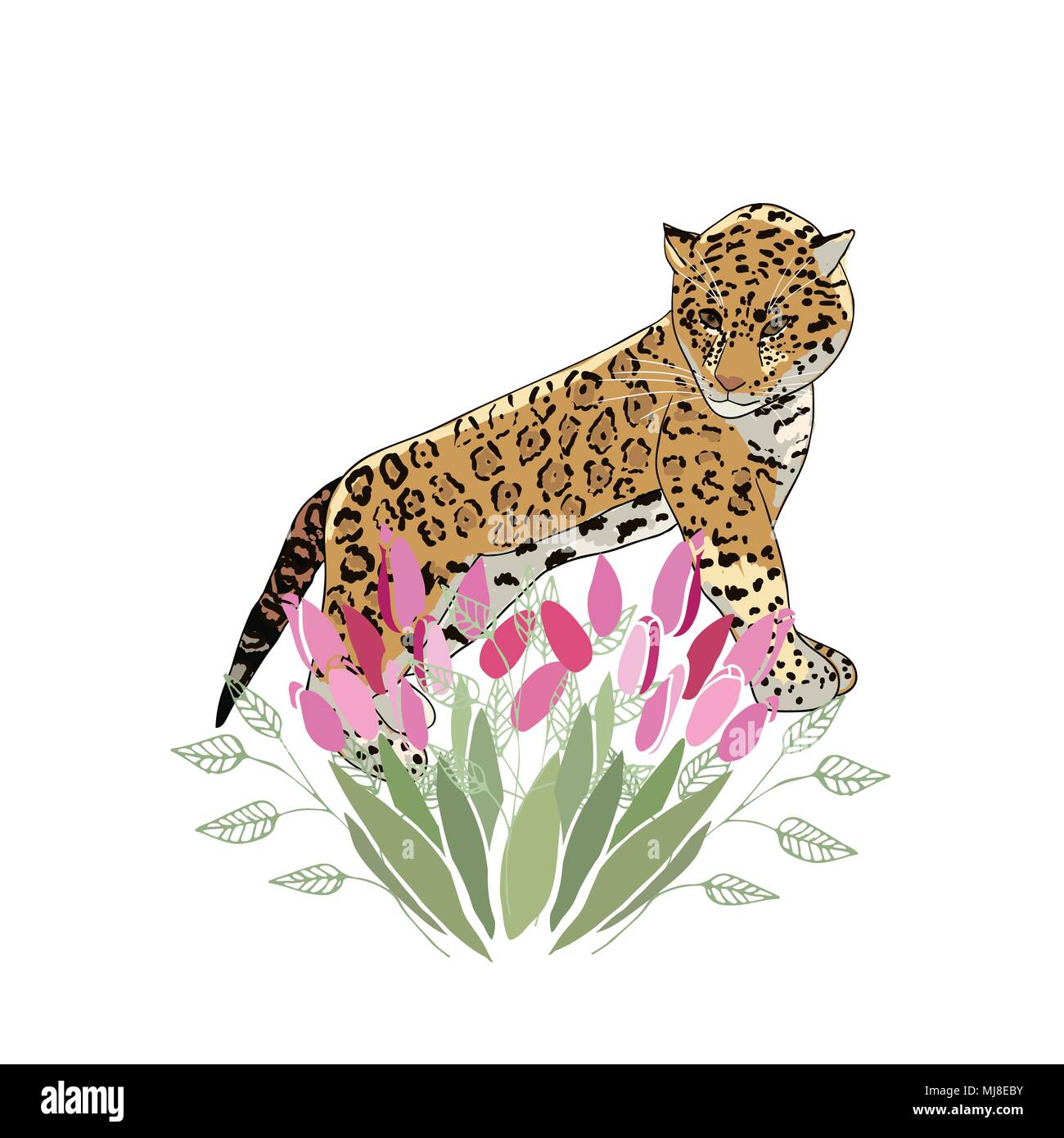 Illustration de style rétro avec des fleurs et des animaux Illustration de Vecteur