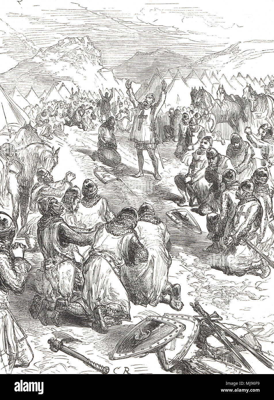 Un camp des croisés lors de la troisième croisade en Terre sainte, 1191. Crusader cris de 'save le Saint sépulcre' Banque D'Images