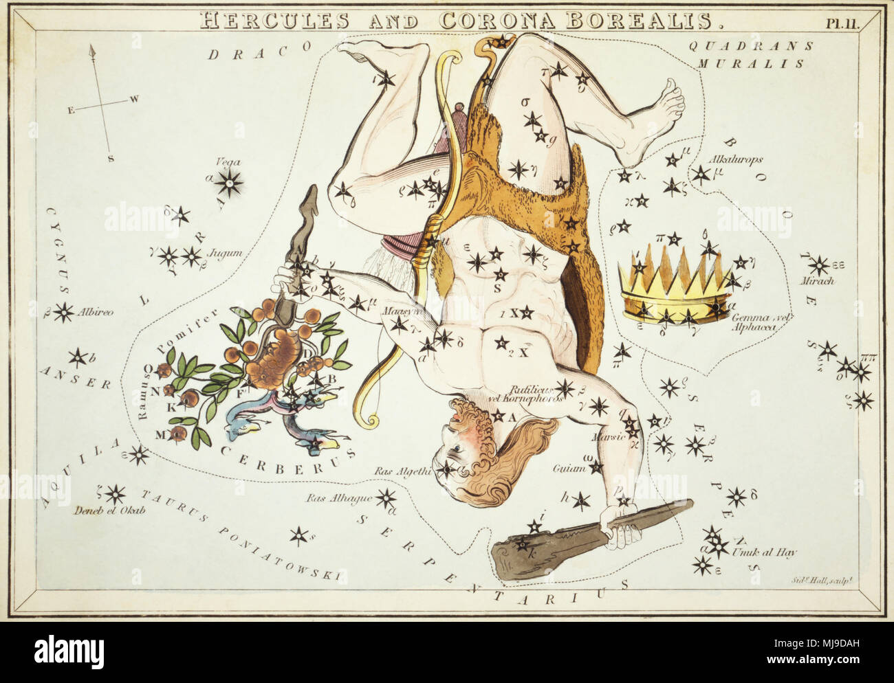 Hercule et de la Couronne Boréale. Numéro de carte à partir de 11 Hotel Kashyap, miroir ou d'une vue sur le ciel, l'un d'un jeu de 32 cartes carte des étoiles astronomique gravée par Sidney Hall et publshed 1824. Banque D'Images