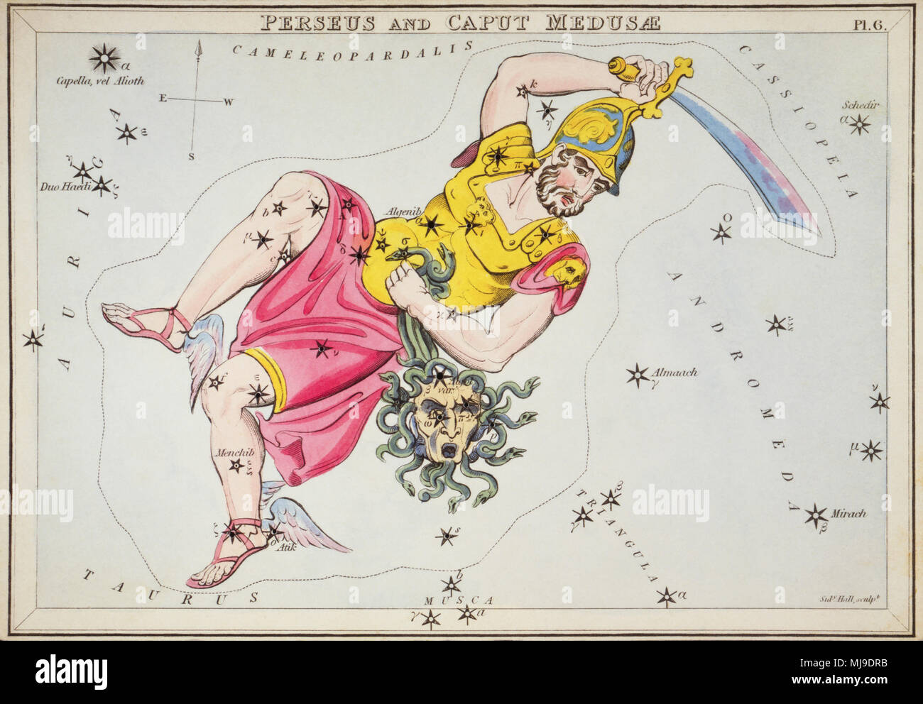 Perseus et caput medusae. Numéro 6 de la carte de l'Urania miroir, ou d'une vue sur le ciel, l'un d'un jeu de 32 cartes carte des étoiles astronomique gravée par Sidney Hall et publshed 1824. Banque D'Images