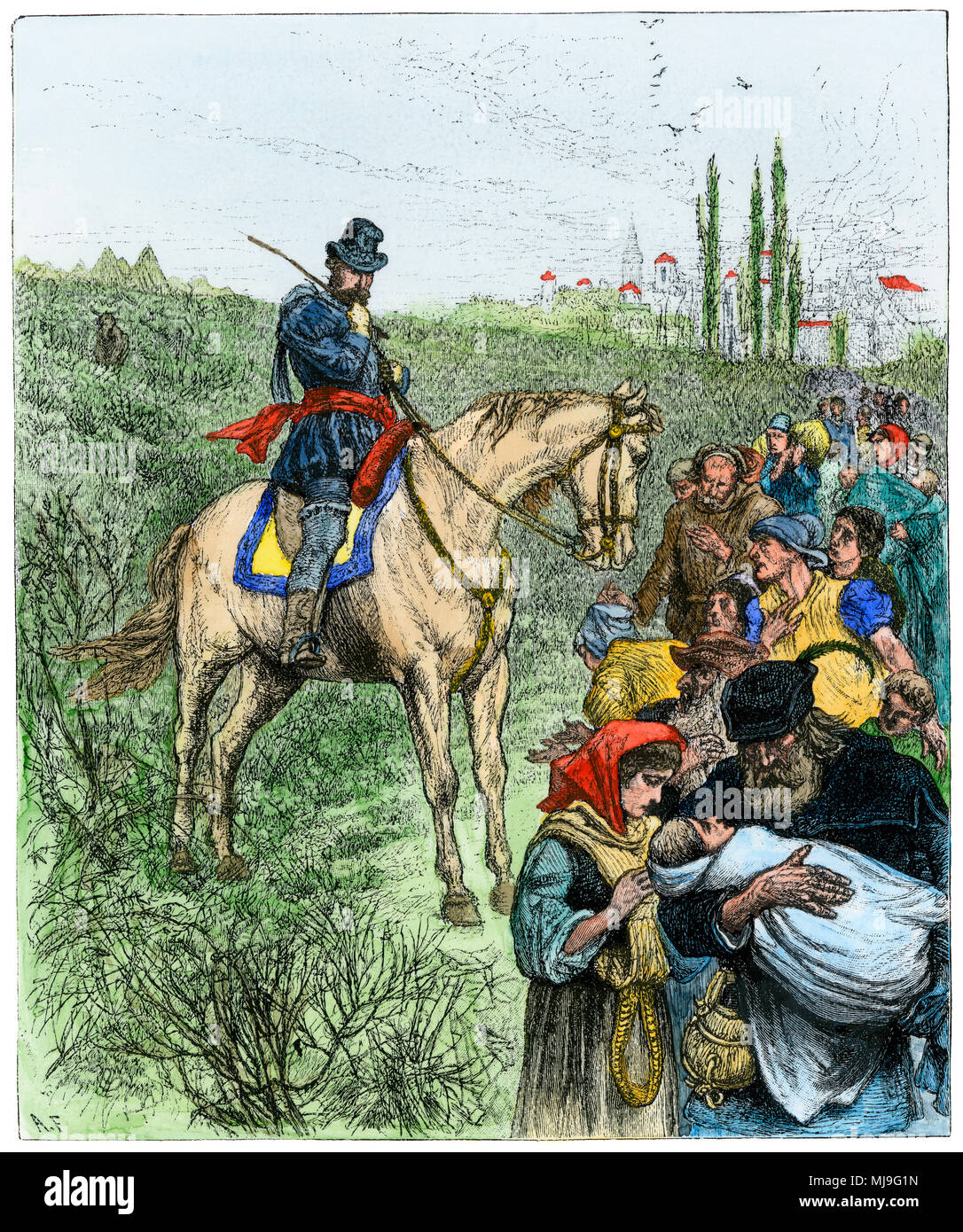 Henri de Navarre réunissant les villageois affamés à nourrir lors d'une famine en France. À la main, gravure sur bois Banque D'Images