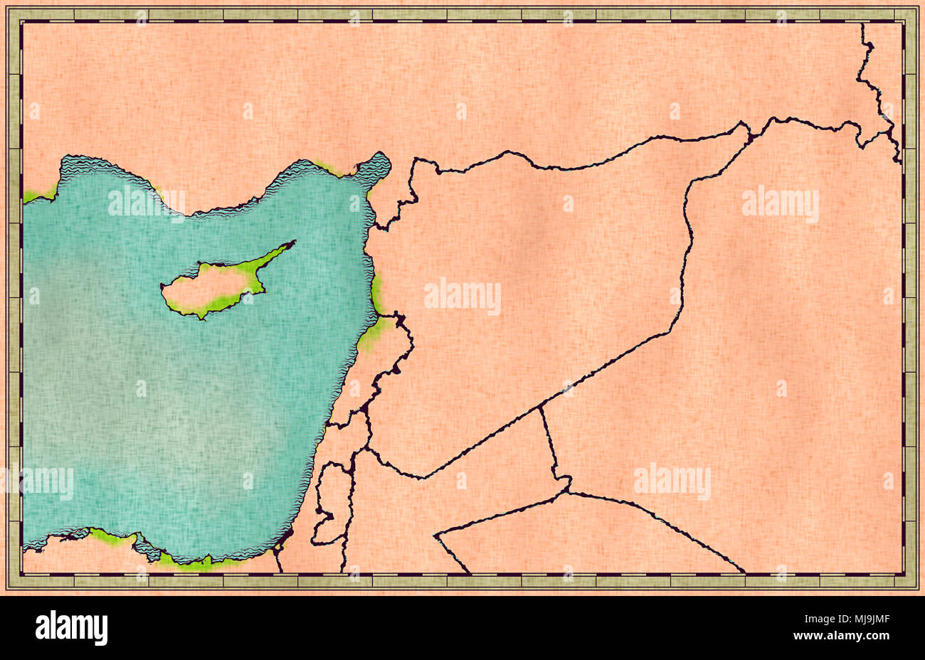 La carte de la Syrie et des frontières, carte physique Moyen Orient, Péninsule Arabique, la carte avec des reliefs et des montagnes et mer Méditerranée sur parchemin. Hand drawn Banque D'Images
