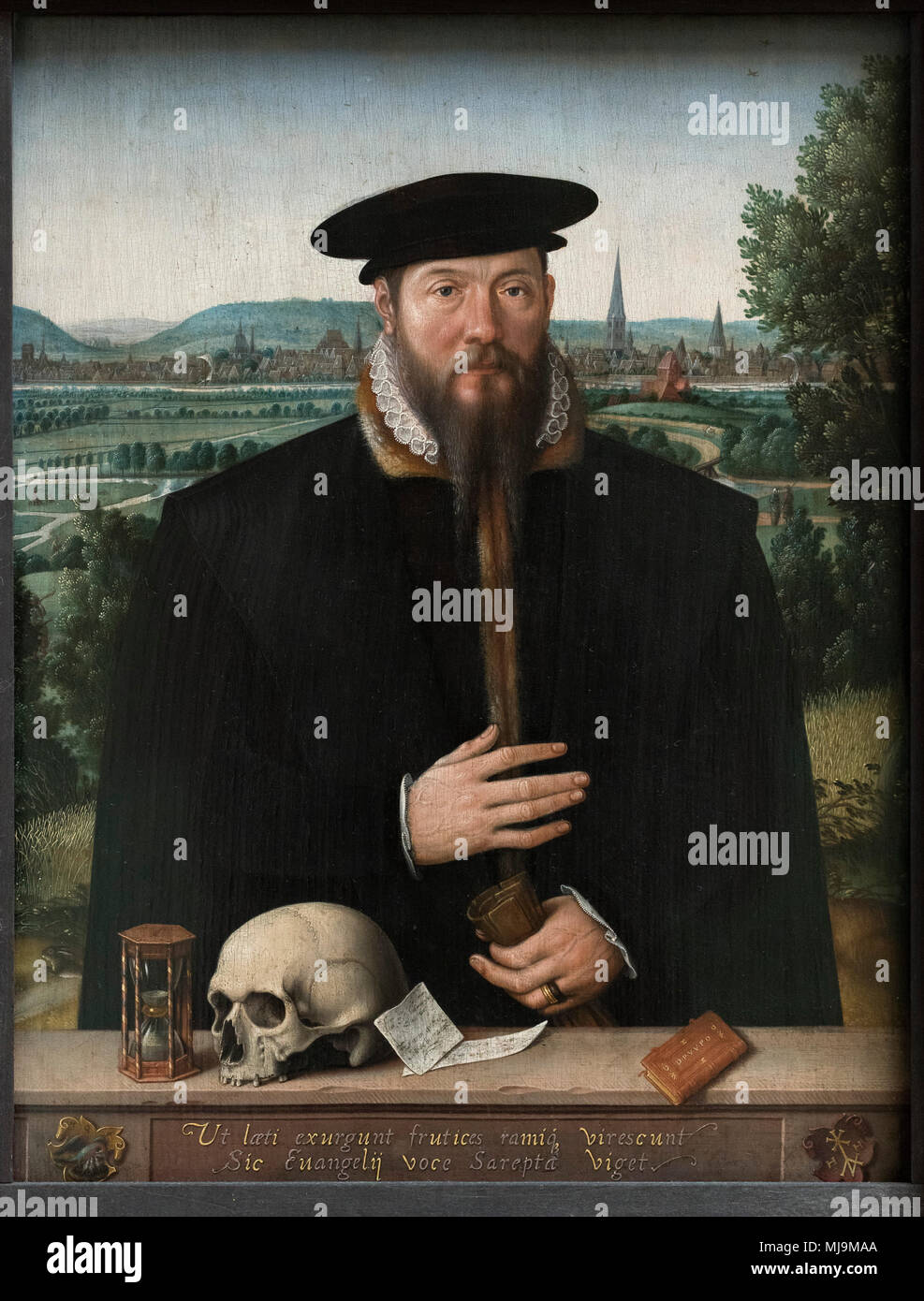 Ludger Tom Ring le jeune (1522-1584), Portrait d'Herrmann, Huddaeus (1517/18-ca.1575) en face d'une vue sur la ville Minden, en 1568. Herrmann Huddae Banque D'Images