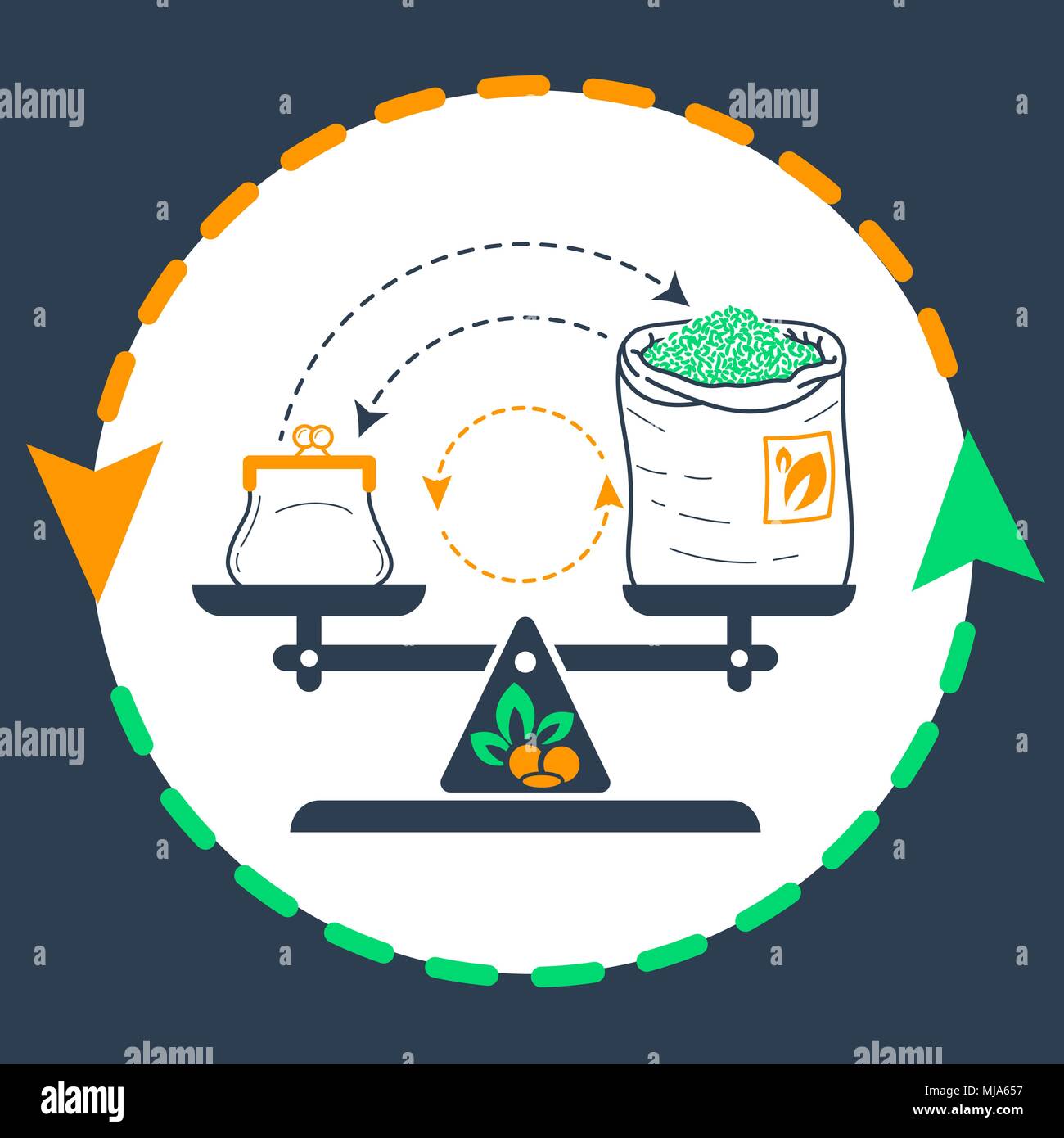 Concept de commerce équitable sous la forme de poids équilibré avec de l'argent et un sac de thé sur la flèche de l'échange. Icône dans le style linéaire Illustration de Vecteur