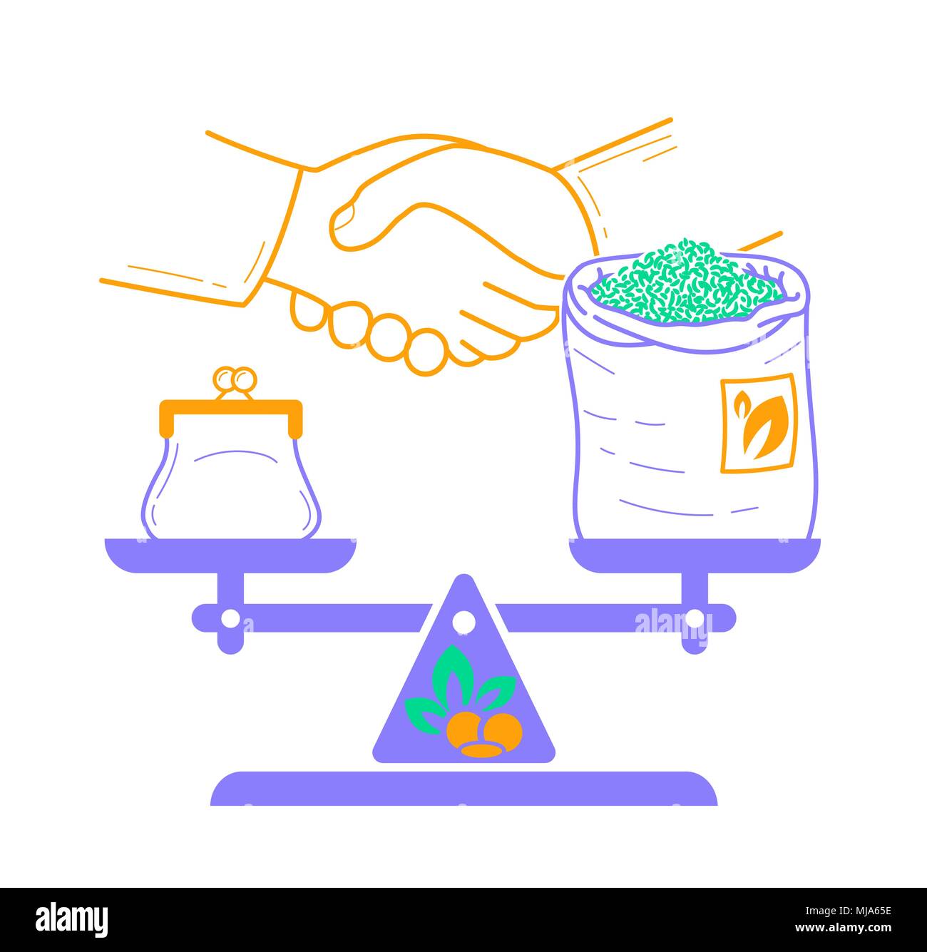 Concept de commerce équitable sous la forme de poids équilibré avec de l'argent et un sac de thé dans le contexte d'une poignée de main. Icône dans le style linéaire Illustration de Vecteur