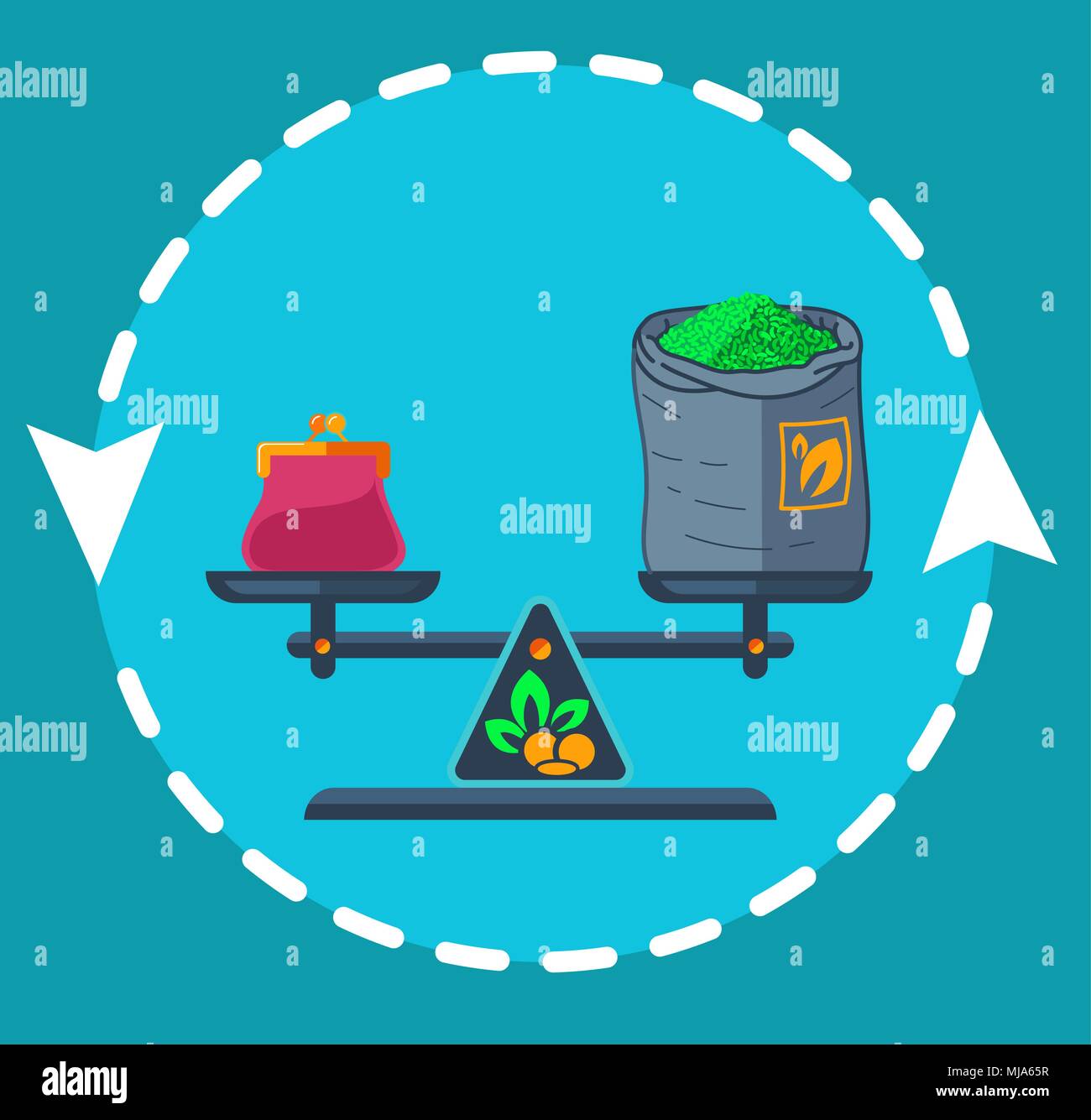 Concept de commerce équitable sous la forme de poids équilibré avec de l'argent et un sac de thé sur la flèche de l'échange. Icône dans le style plate Illustration de Vecteur