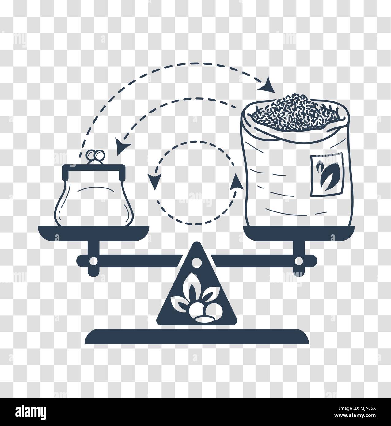 Concept de commerce équitable sous la forme de poids équilibré avec de l'argent et un sac de thé sur la flèche de l'échange. Icône dans le style linéaire Illustration de Vecteur